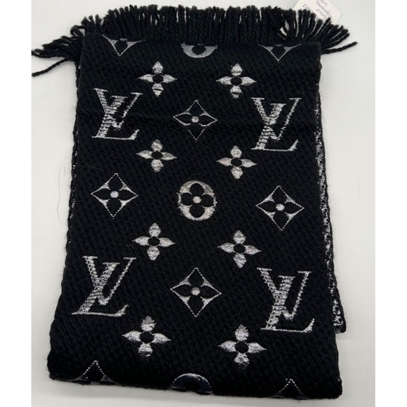 Louis Vuitton Wool Black and Silver Embroidered Jacquard Logomania Scarf - Picture 1 of 3